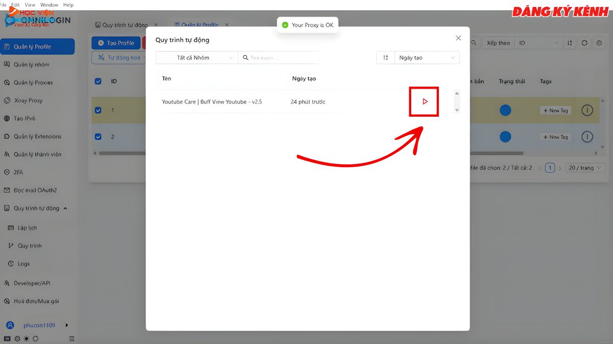 Hướng Dẫn Cách Sử Dụng Omnilogin Thiết Lập Quy Trình Tự Động Hóa- Sử dụng quy trình Youtube Care bước 2.2