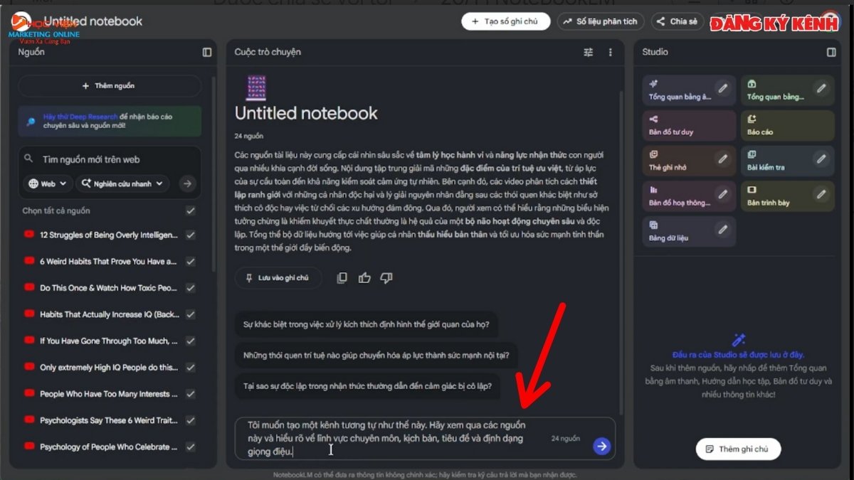 Hướng Dẫn Cách Sử Dụng NotebookLM học hỏi kênh Youtube bước 3