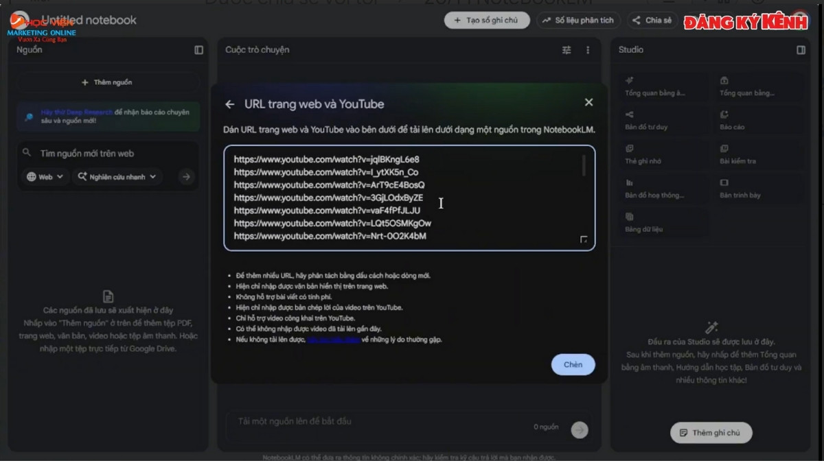 Hướng Dẫn Cách Sử Dụng NotebookLM học hỏi kênh Youtube bước 2