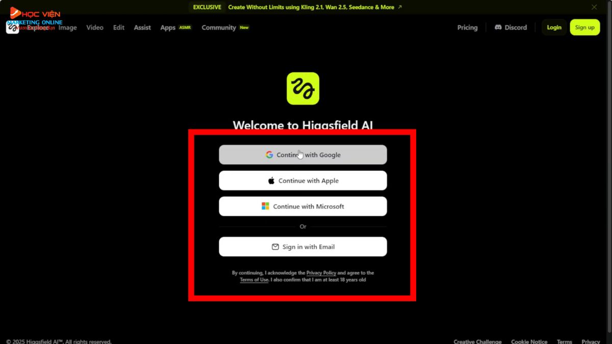 Cách Đăng Ký Tài Khoản Higgsfiled AI Miễn Phí bước 3