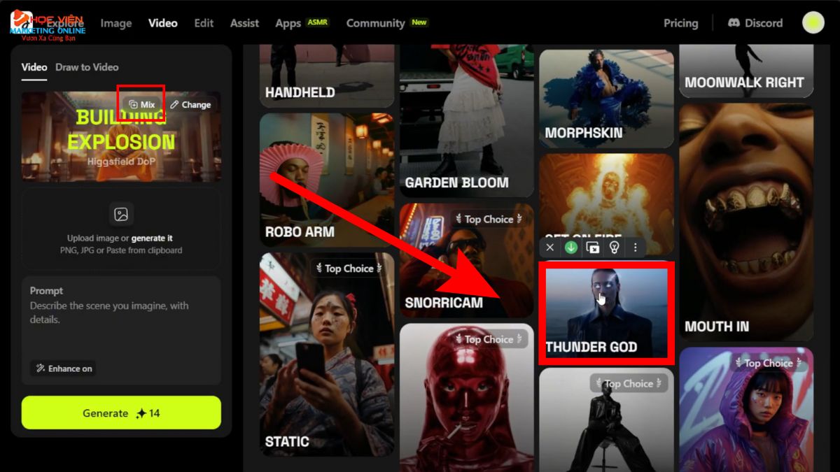 Hướng Dẫn Cách Sử Dụng Higgsfield AI kết hợp nhiều hiệu ứng VFX bước 2