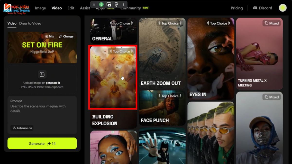 Hướng Dẫn Cách Sử Dụng Higgsfield AI kết hợp nhiều hiệu ứng VFX bước 1