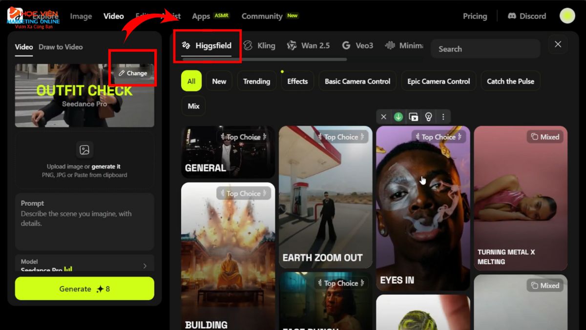 Hướng Dẫn Cách Sử Dụng Higgsfield AI sử dụng hiệu ứng VFX bước 2.1