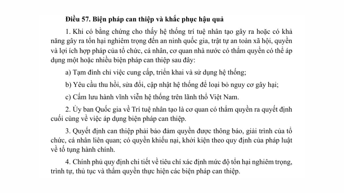 Luật trí tuệ nhân tạo AI- Chương 7 điều 57