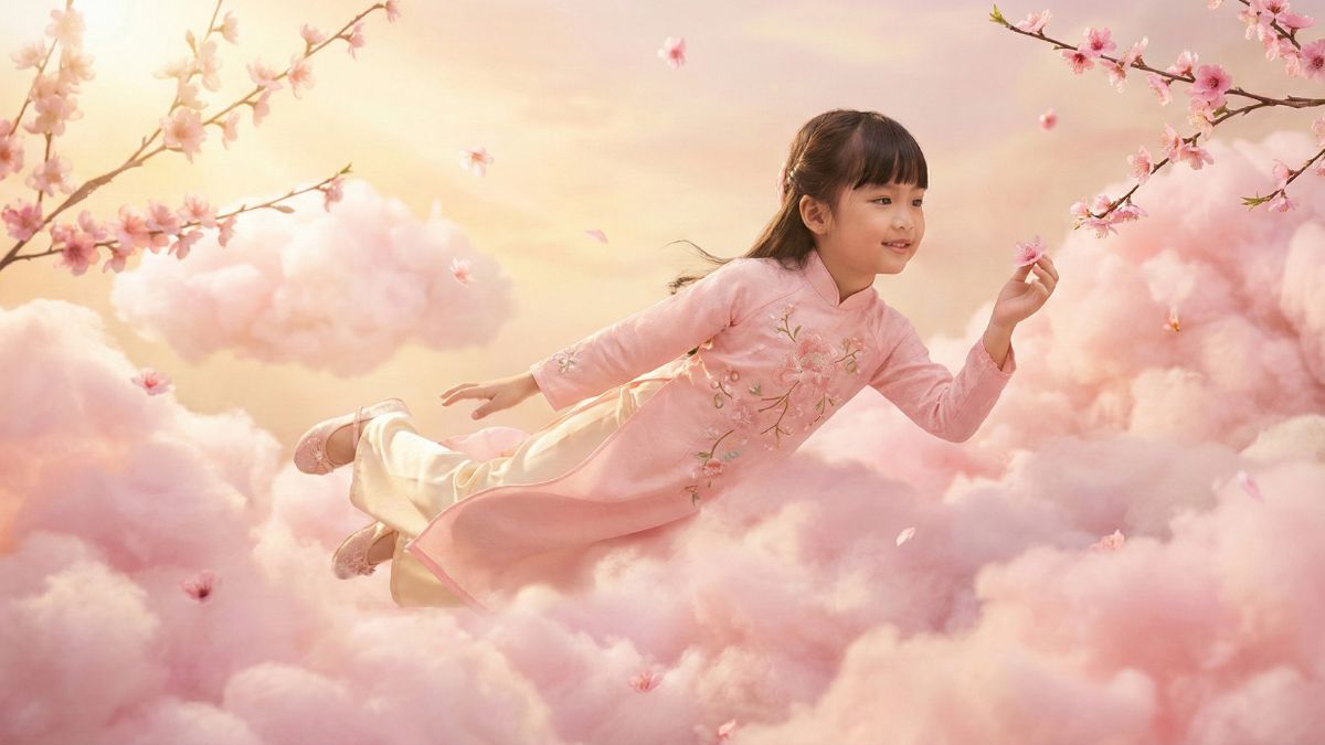 Prompt Câu Lệnh 4 Tạo Ảnh Tết Tông Hồng Pastel Cho Bé Gái