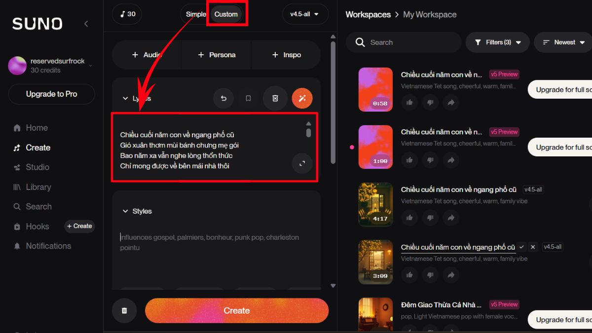 Tạo Nhạc Tết Bằng AI Suno bước 3