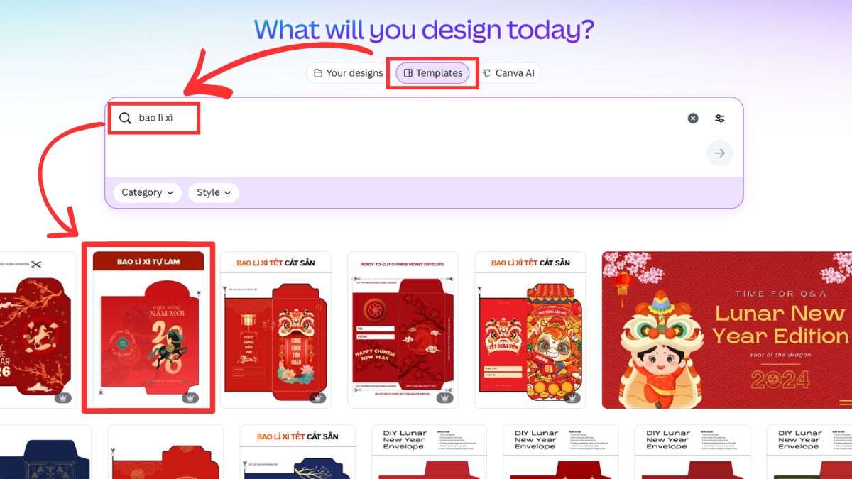 Hướng Dẫn Cách Thiết Kế Bao Lì Xì Tết Bằng Canva bước 1.1