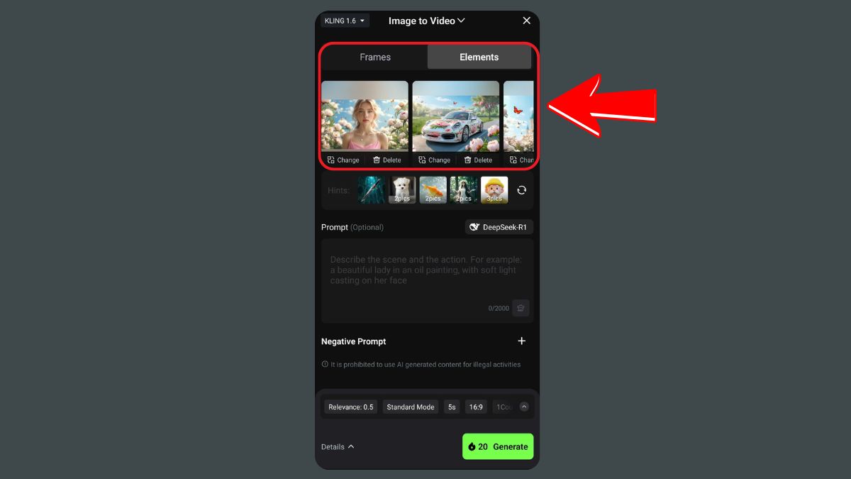 Cách chuyển ảnh thành video bằng AI trên điện thoại với Kling AI bước 3 tính năng Elements 1