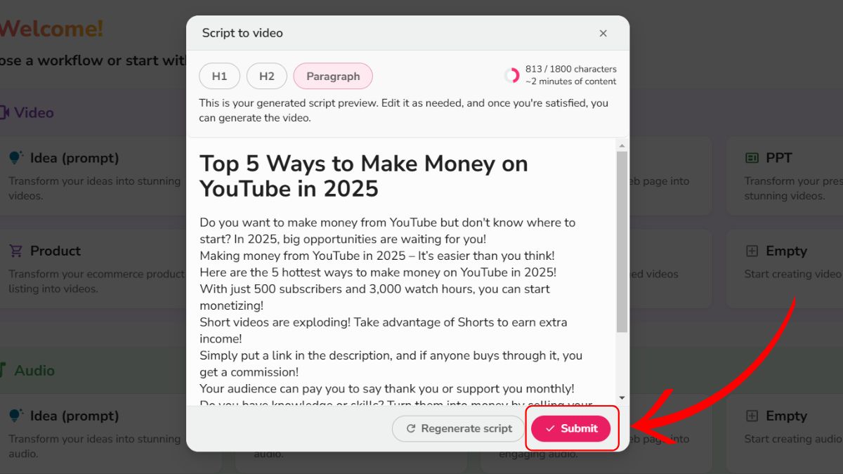Cách làm video Youtube bằng AI với Fliki bước 3.3