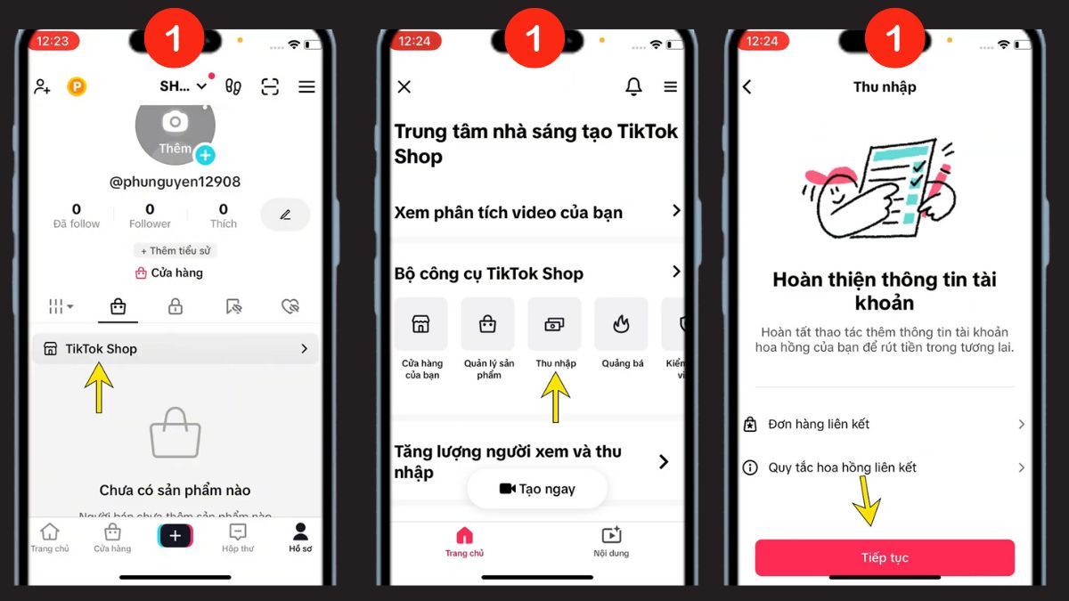 Hướng dẫn cách thêm thẻ và rút tiền từ TikTok Shop bước 1