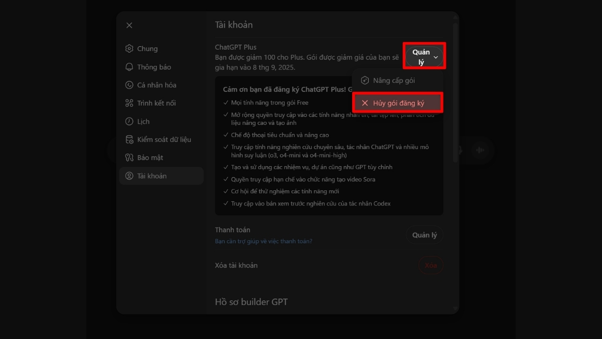 Cách Hủy ChatGPT Plus bước 4