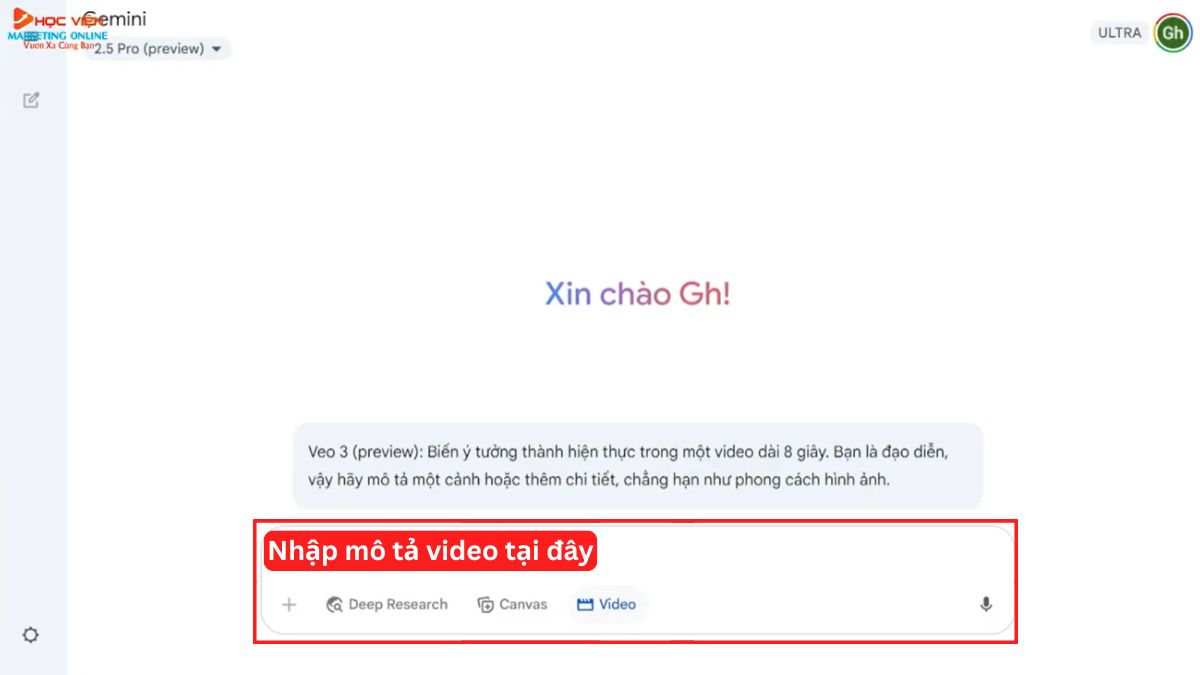 Hướng dẫn cách sử dụng Google Veo 3 qua Gemini- Cách tạo video với Gemini bước 2.1