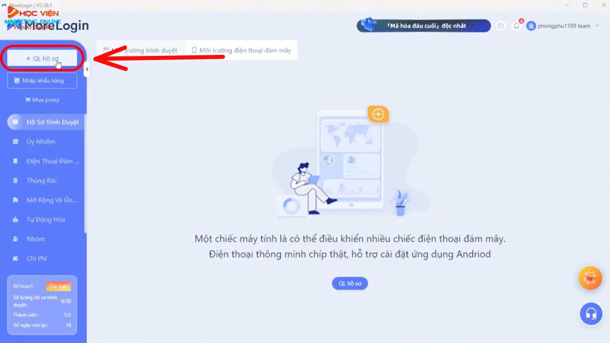 Hướng dẫn cách sử dụng dùng MoreLogin- Thiết lập điện thoại đám mây bước 1.1
