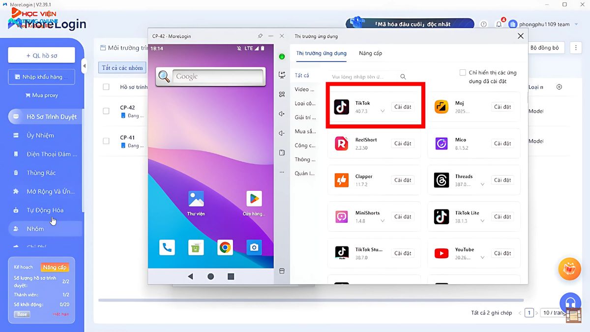 Hướng dẫn cách sử dụng MoreLogin- Sử dụng hồ sơ điện thoại đám mây bước 2