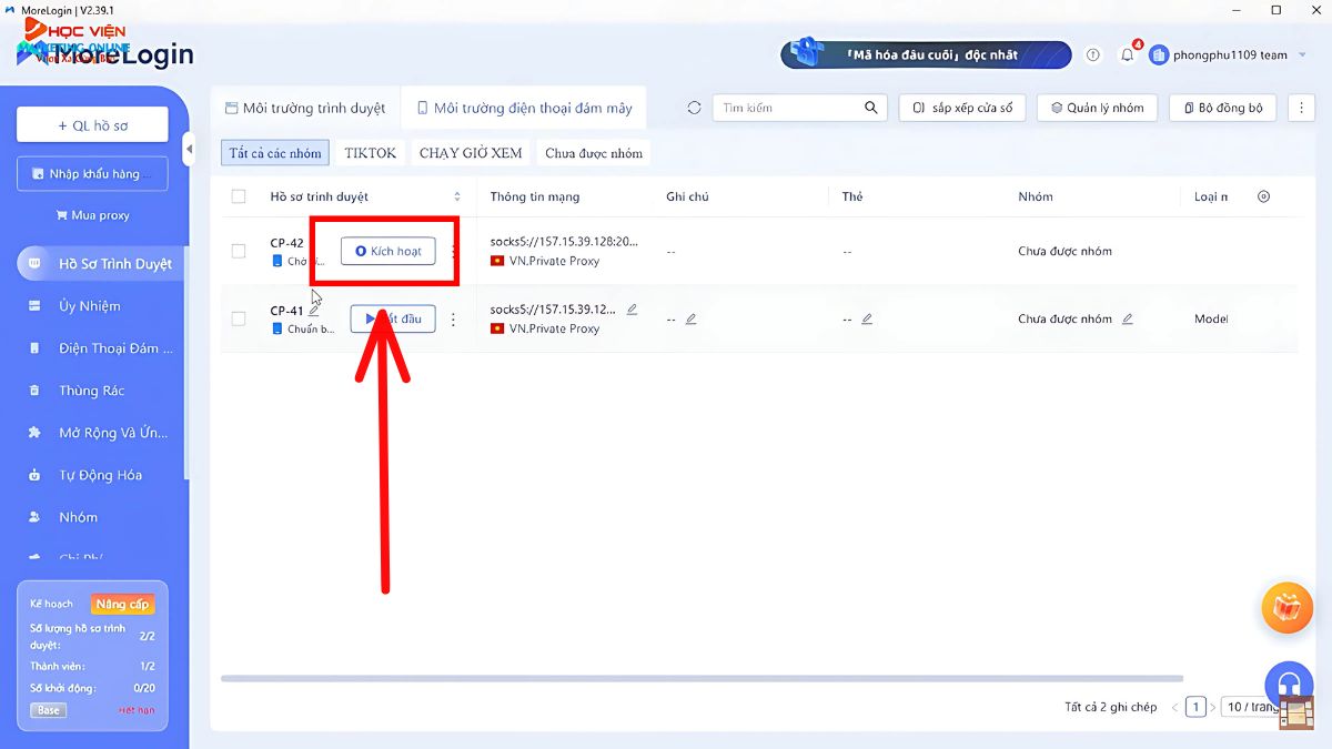 Hướng dẫn cách sử dụng MoreLogin- Kích hoạt hồ sơ bước 1