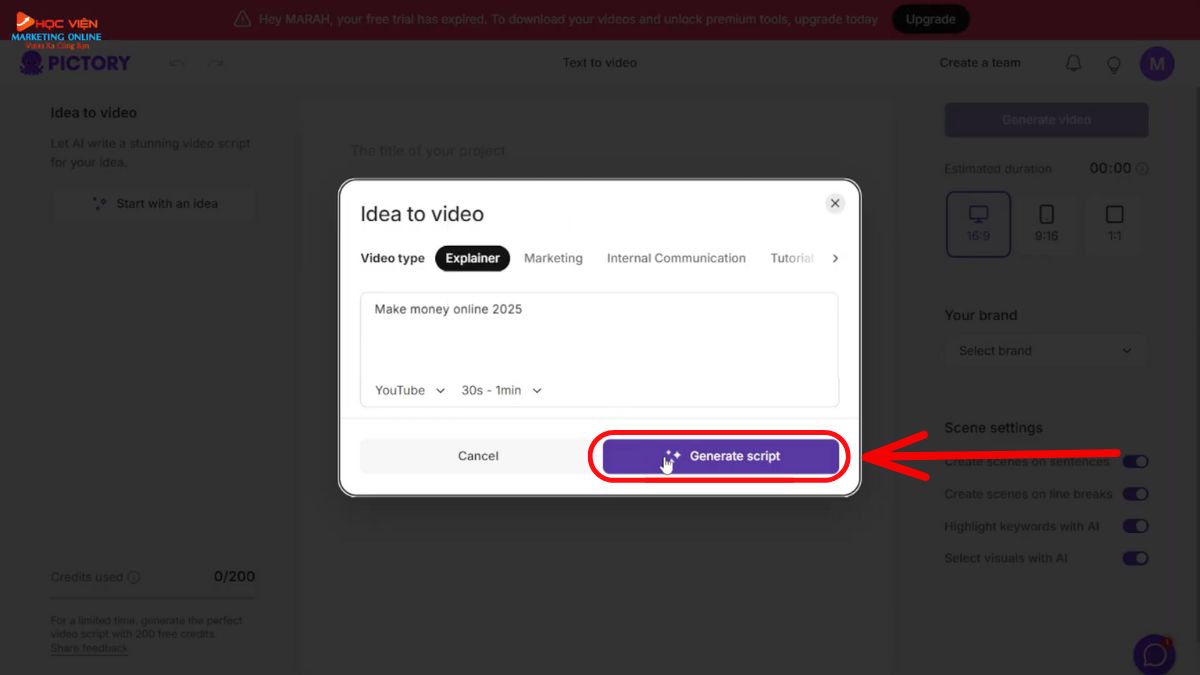 Công cụ làm video Youtube view ngoại bằng AI không lộ mặt- Pictory AI bước 3.5