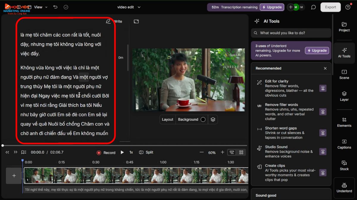 Ứng dụng làm Youtube view ngoại bằng AI hỗ trợ edit video tự động- Descript bước 2.4