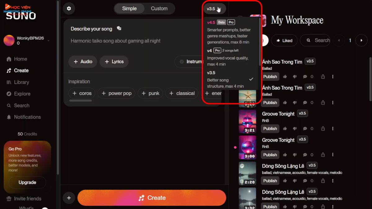 Công cụ AI tạo nhạc Youtube view ngoại- Suno AI bước 2