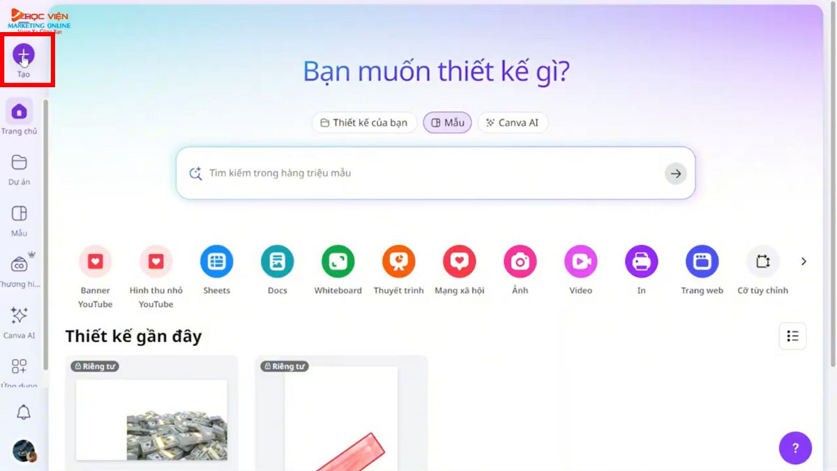 Công cụ AI làm thumbnail Youtube view ngoại chuyên nghiệp- Canva bước 1.1