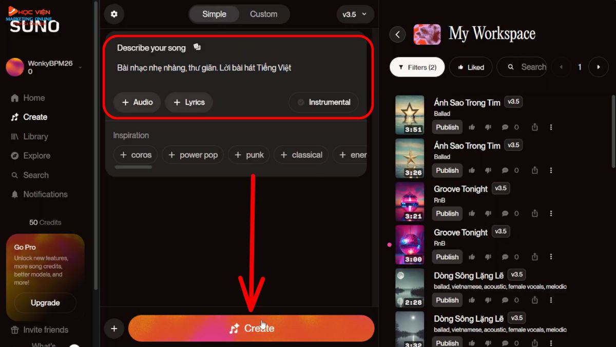 Công cụ AI tạo nhạc Youtube view ngoại- Suno AI bước 3