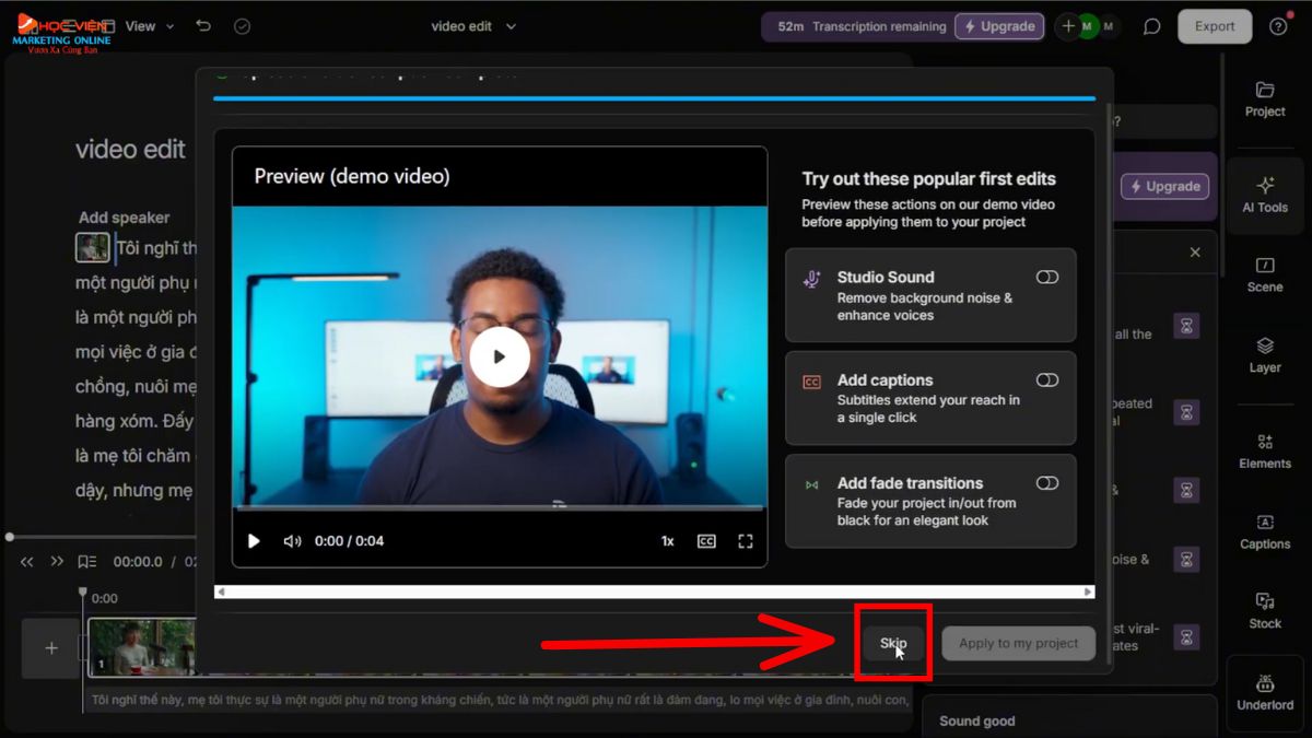 Ứng dụng làm Youtube view ngoại bằng AI hỗ trợ edit video tự động- Descript bước 2.3