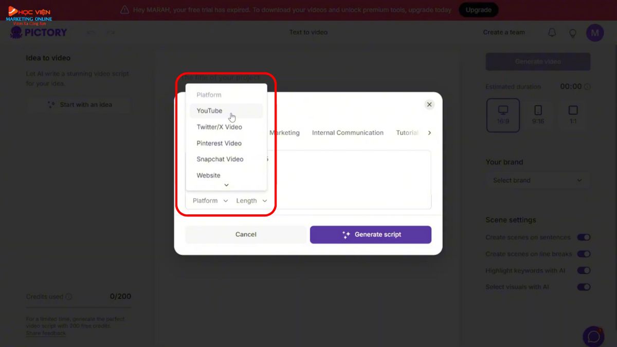 Công cụ làm video Youtube view ngoại bằng AI không lộ mặt- Pictory AI bước 3.3