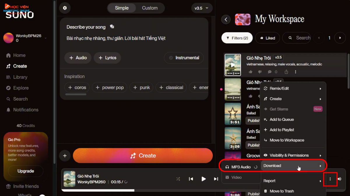 Công cụ AI tạo nhạc Youtube view ngoại- Suno AI bước 4