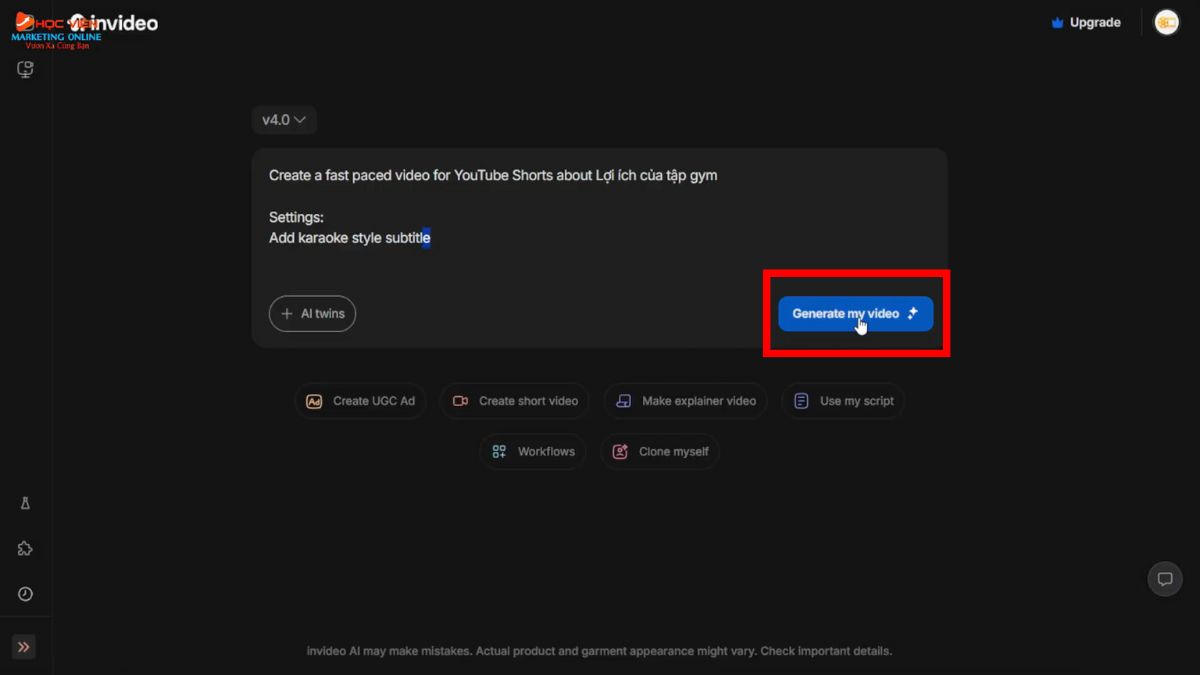 Công cụ làm video Youtube view ngoại bằng AI không lộ mặt- Invideo bước 2.3
