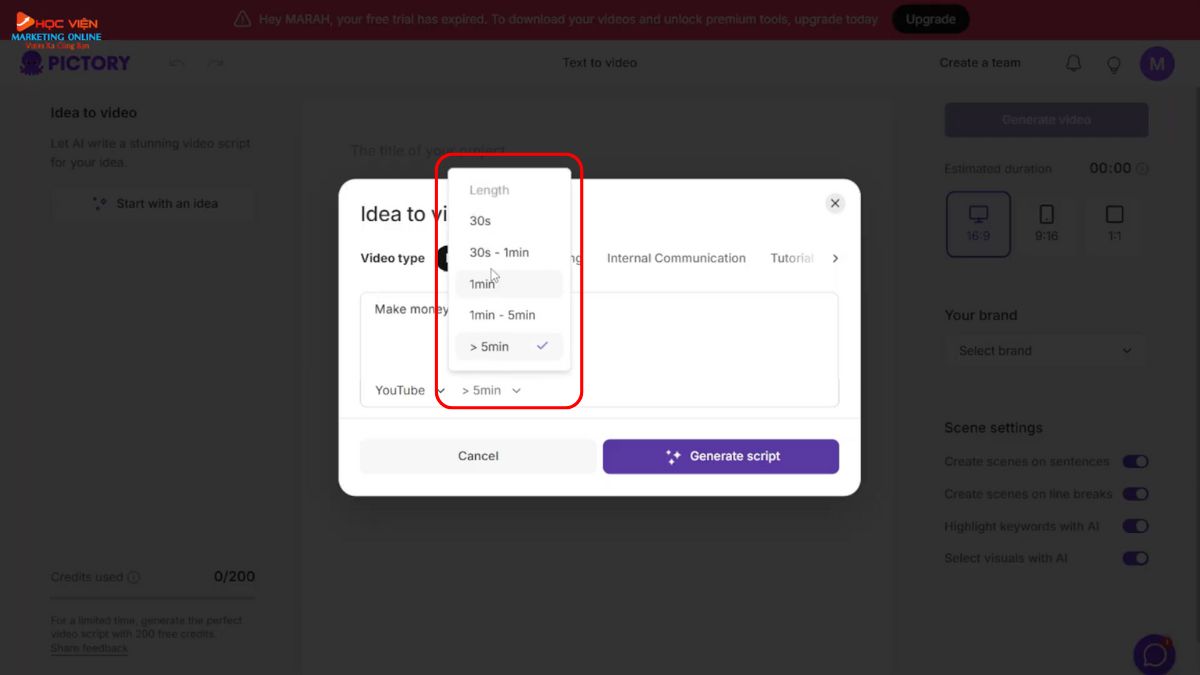 Công cụ làm video Youtube view ngoại bằng AI không lộ mặt- Pictory AI bước 3.4