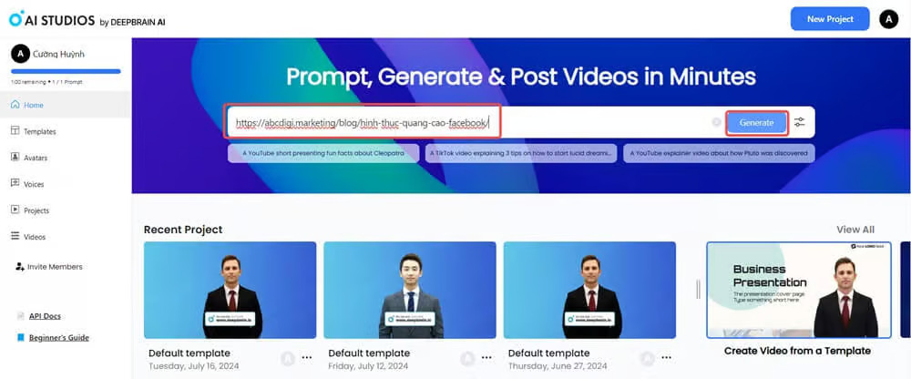 Hướng dẫn cách sử dụng DeepBrain AI- Chuyển đổi url sang video AI