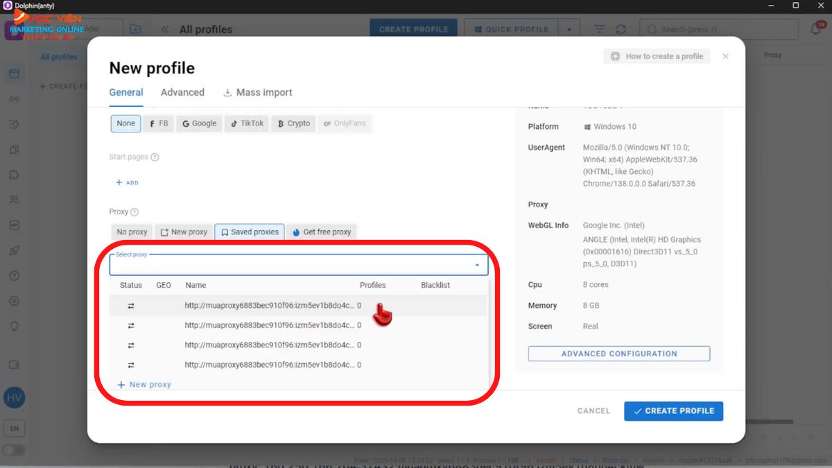 Hướng dẫn cách sử dụng Dolphin Anty- Cách chọn Proxy khi tạo profile mới bước 3