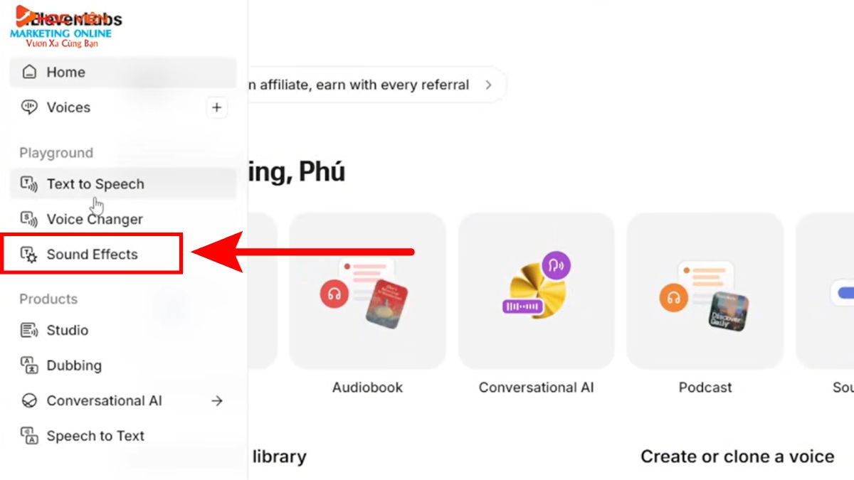 Cách Sử Dụng ElevenLabs AI Trên Máy Tính- Tạo hiệu ứng âm thanh bước 1