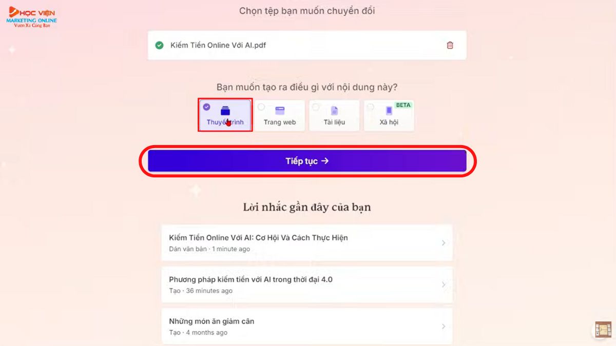 Hướng dẫn cách sử dụng Gamma tạo bài thuyết trình PowerPoint- Phương pháp Nhập tệp hoặc URL bước 2.2