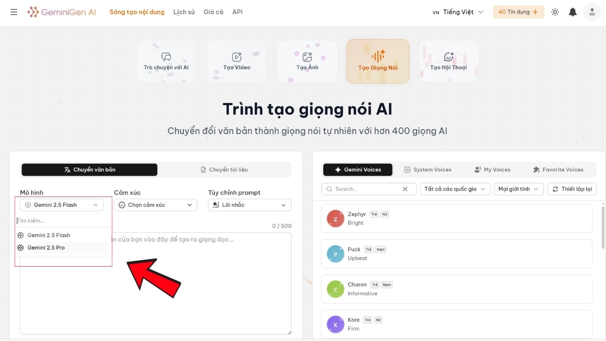 Hướng Dẫn Cách Sử Dụng GeminiGen AI- Tính năng tạo giọng nói bước 2