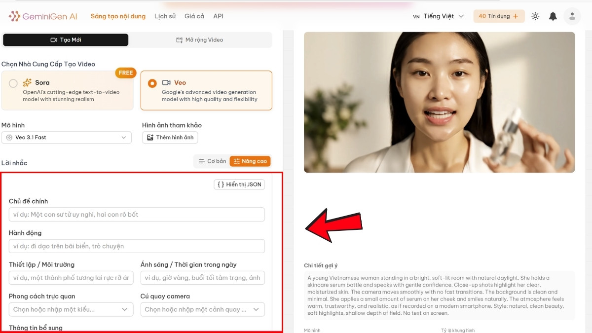 Hướng Dẫn Cách Sử Dụng GeminiGen AI- Tạo video prompt nâng cao bước 2