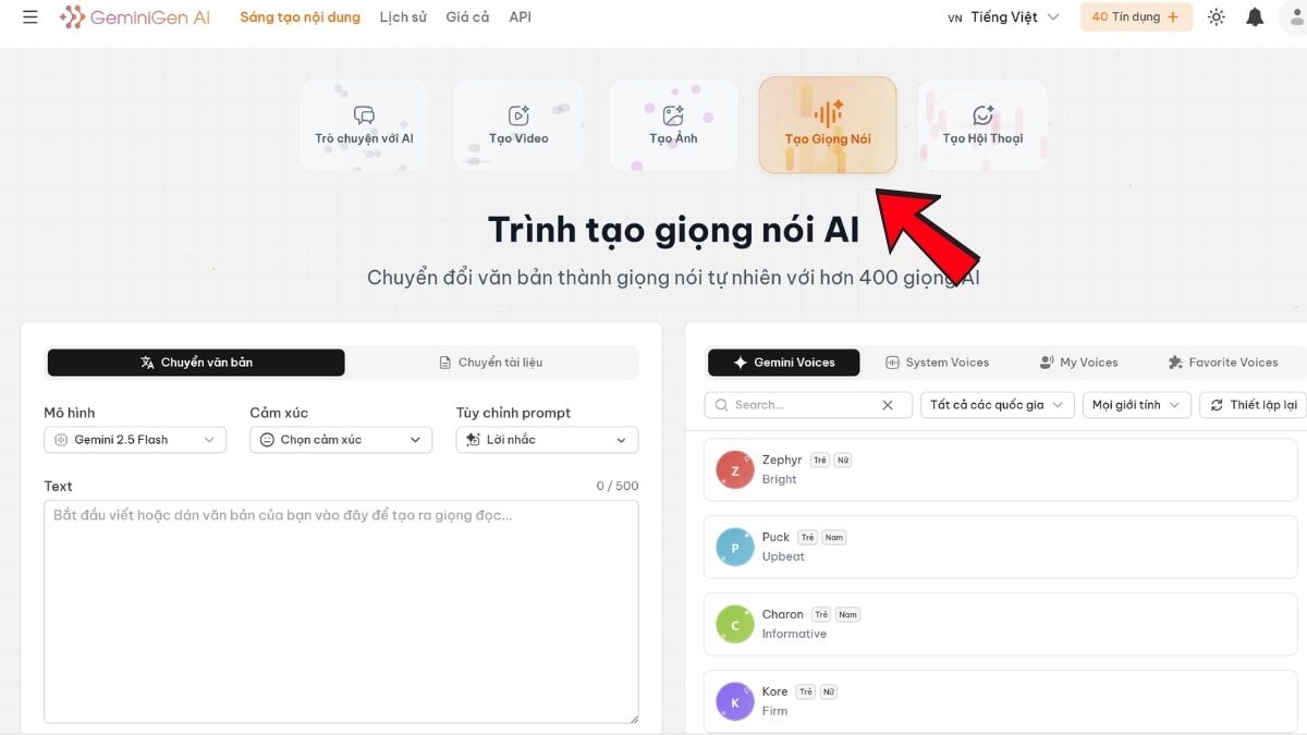 Hướng Dẫn Cách Sử Dụng GeminiGen AI- Tính năng tạo giọng nói bước 1