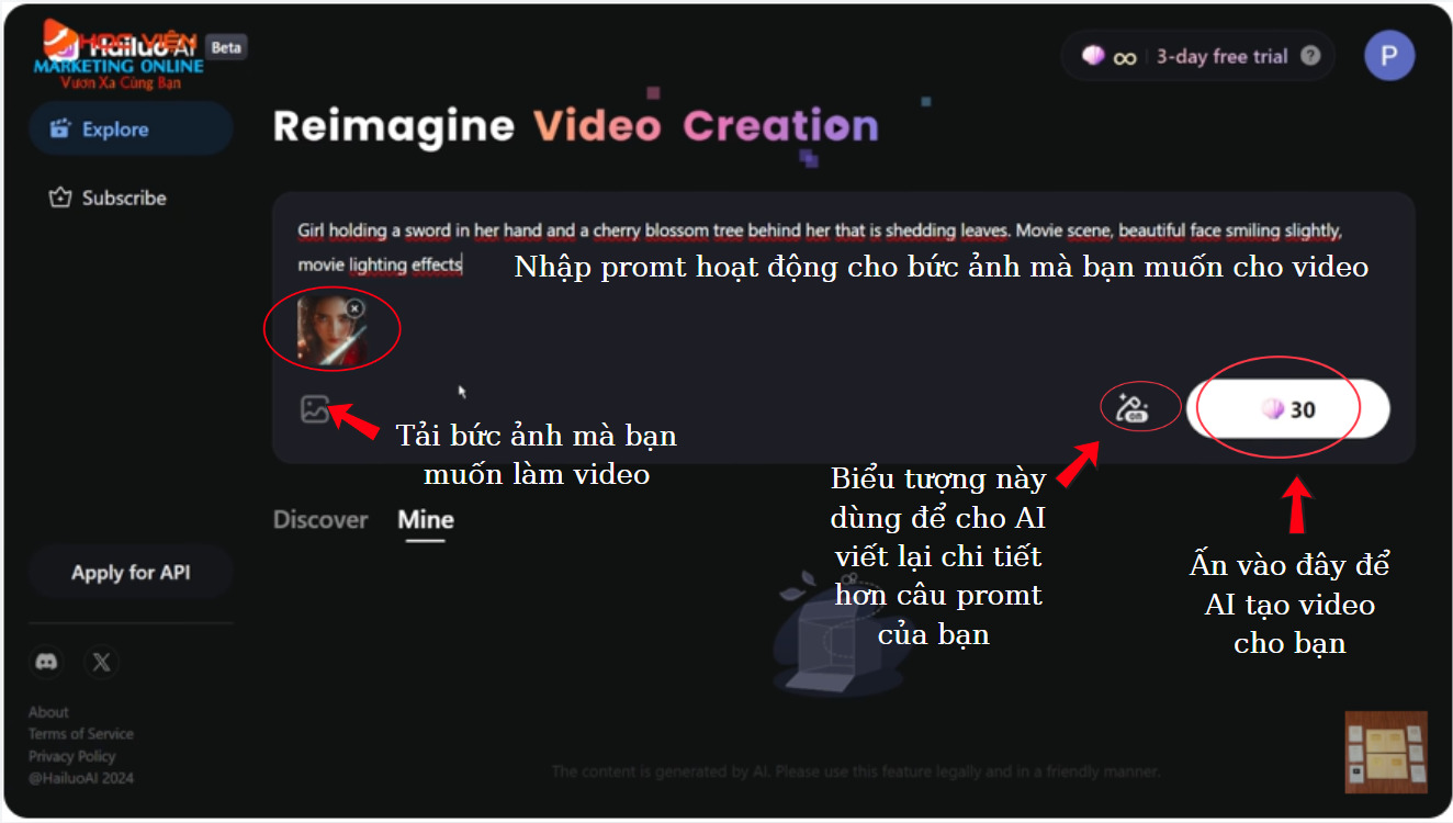 Hướng dẫn cách sử dụng Hailuo AI video tạo video từ hình ảnh bước 1