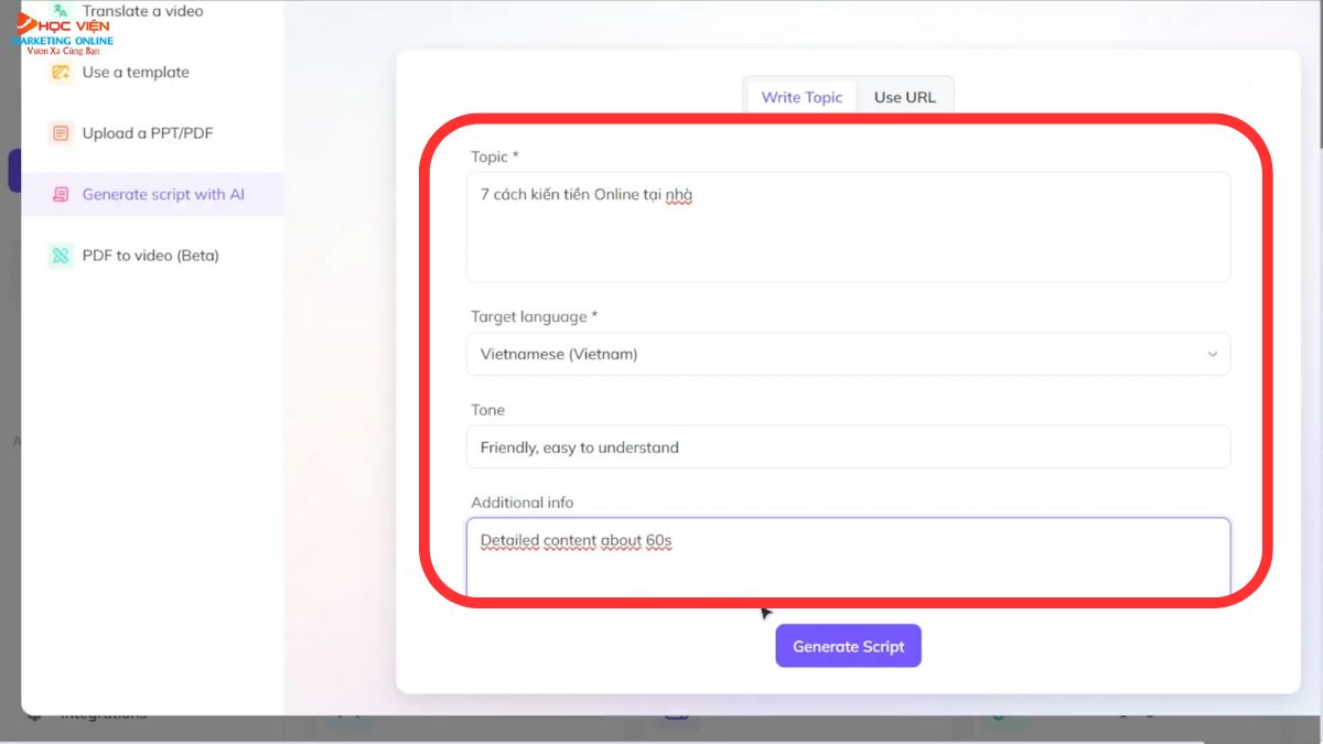 Tính năng Generate Script with AI của Heygen bước 3