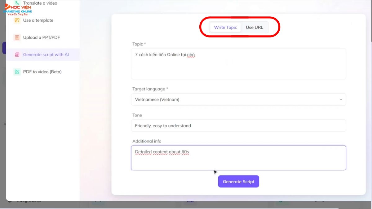 Tính năng Generate Script with AI của Heygen bước 2