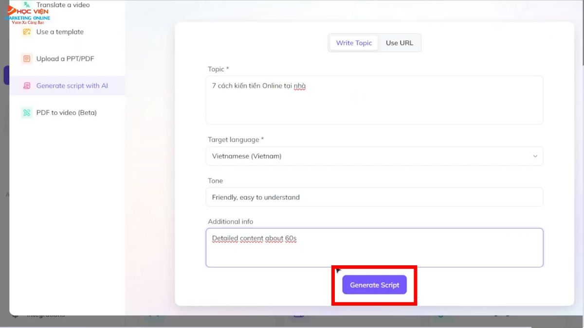 Tính năng Generate Script with AI của Heygen bước 4