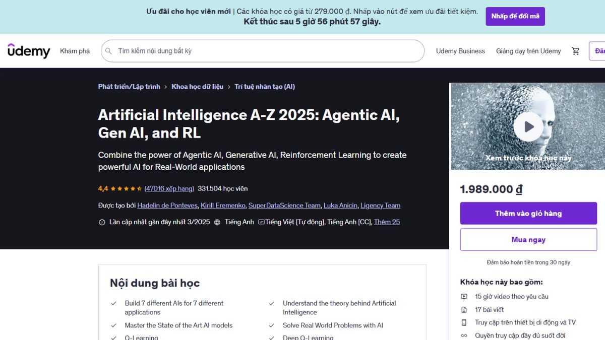 Khóa Học “Artificial Intelligence A-Z: Learn How To Build An AI”- Udemy