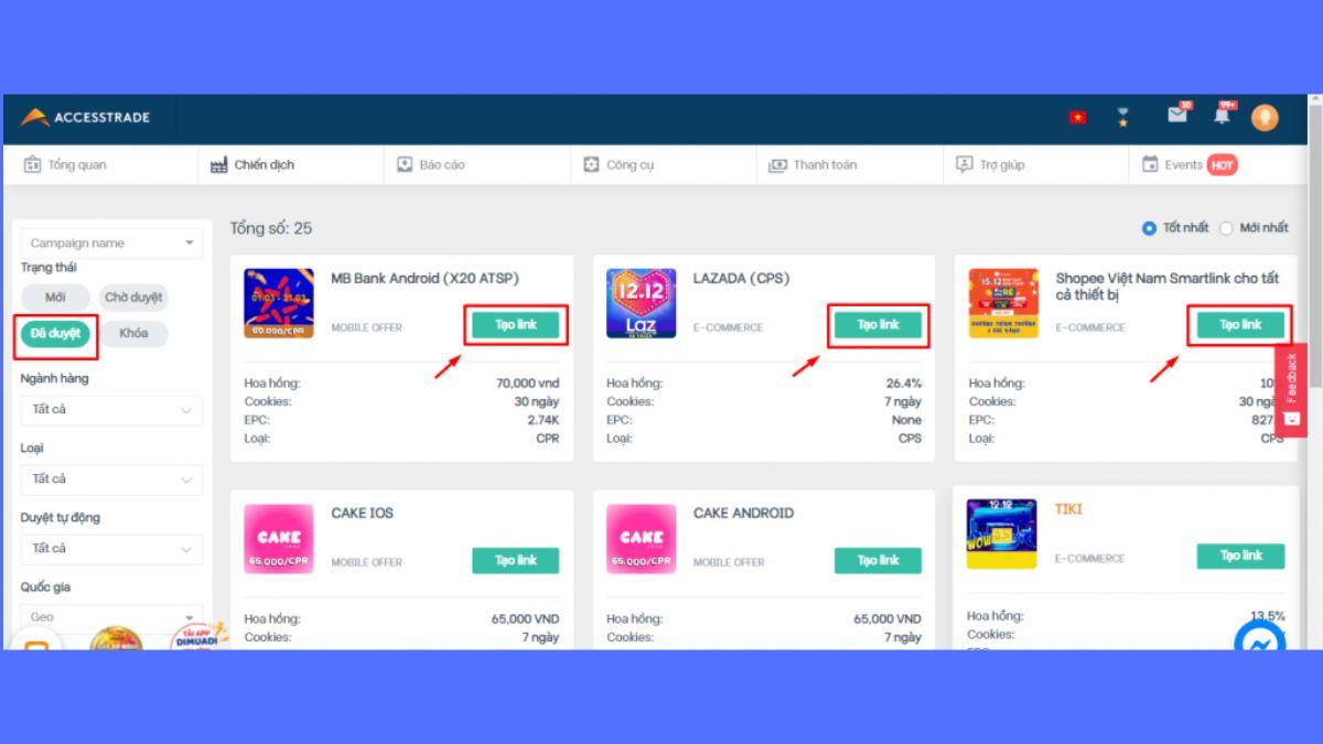 Các bước tạo link Affiliate trên AccessTrade