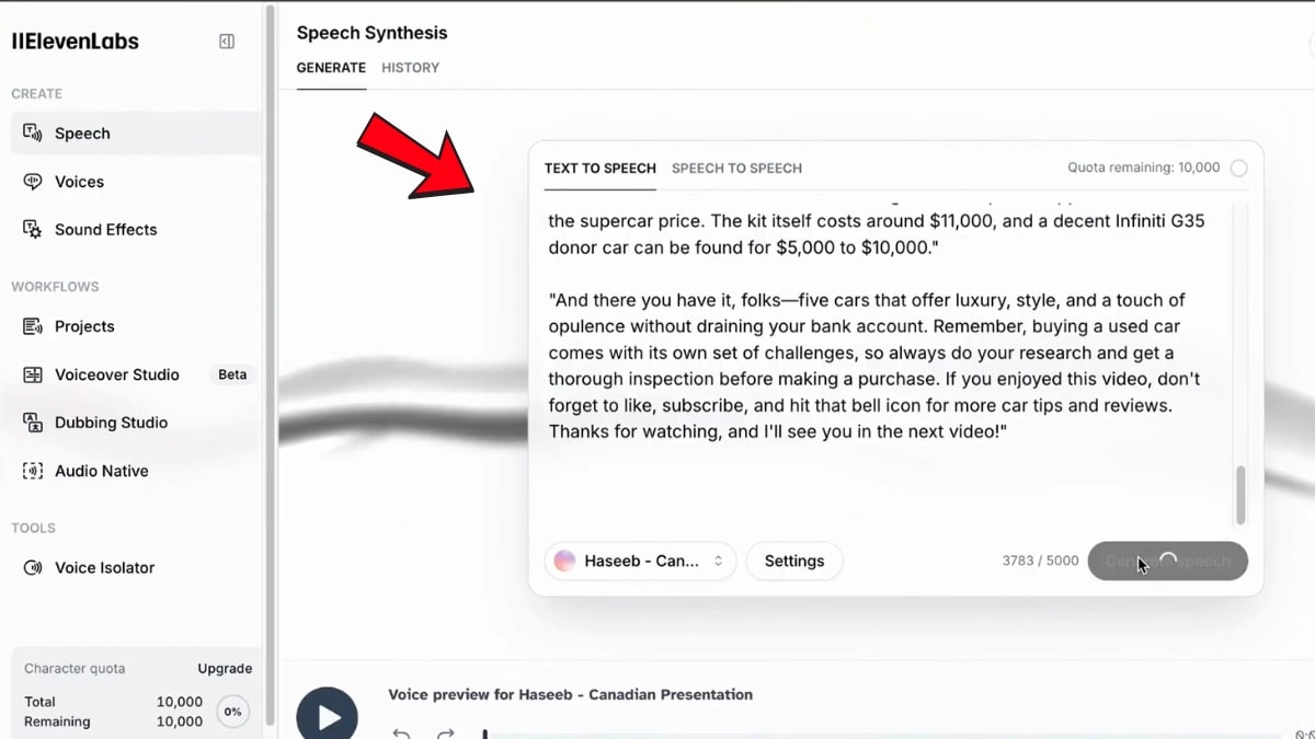 Quy Trình Làm Youtube View Ngoại Ngách Review Xe Bằng AI- Tạo giọng đọc bước 2