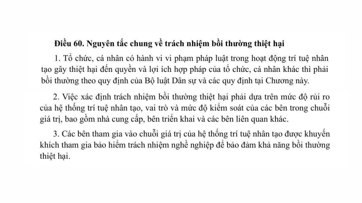 Chương VIII. Trách Nhiệm Dân Sự Và Cơ Chế Bồi Thường Thiệt Hại Liên Quan Đến Hoạt Động AI- Điều 60