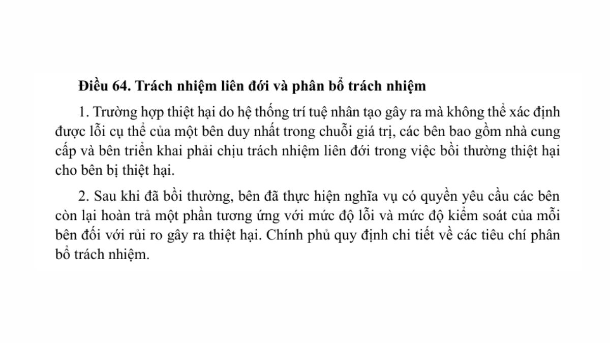 Chương VIII. Trách Nhiệm Dân Sự Và Cơ Chế Bồi Thường Thiệt Hại Liên Quan Đến Hoạt Động AI- Điều 64
