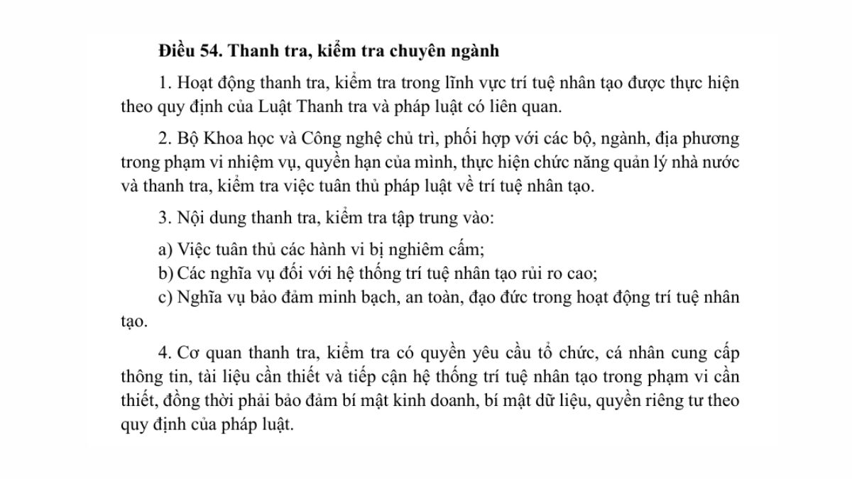 Chương VII. Thanh Tra, Giám Sát, Xử Lý Vi Phạm Và Giải Quyết Tranh Chấp Trong Lĩnh Vực AI- Điều 54