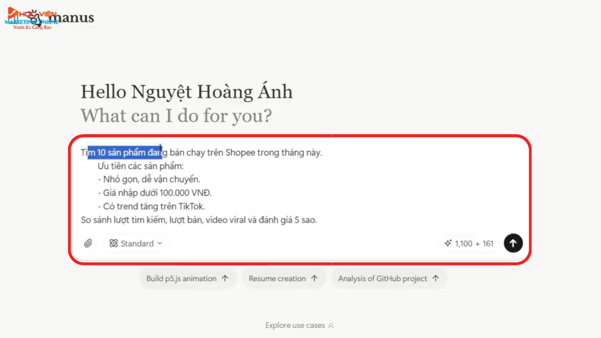 Hướng dẫn cách sử dụng Manus AI tìm kiếm sản phẩm bán chạy trên sàn thương mại điện tử bước 1