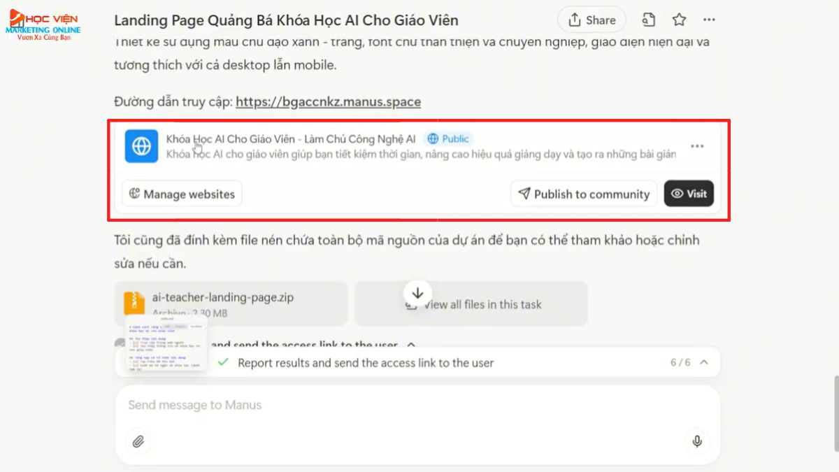 Hướng dẫn cách sử dụng Manus AI tạo landing page từ nội dung website bước 3.4