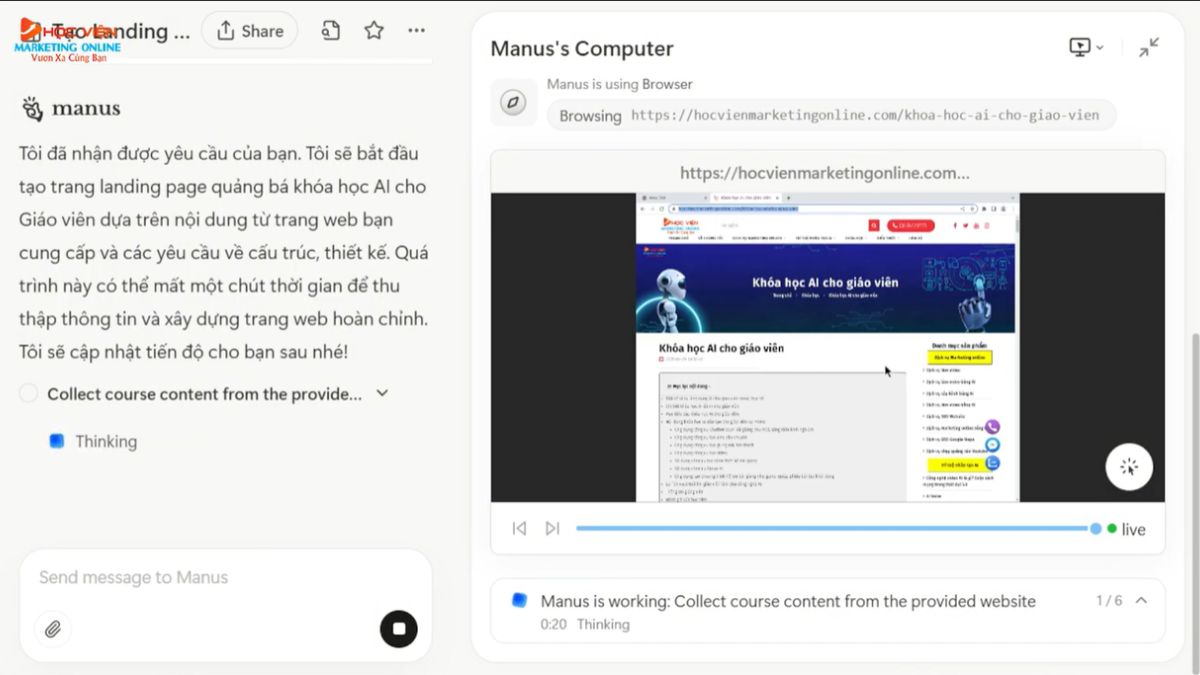 Hướng dẫn cách sử dụng Manus AI tạo landing page từ nội dung website bước 2