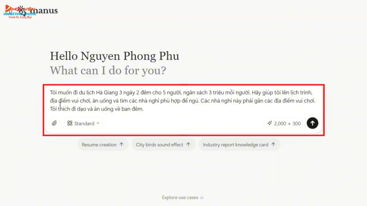 Hướng dẫn cách sử dụng Manus AI lên lịch trình du lịch và tìm kiếm địa điểm bước 1